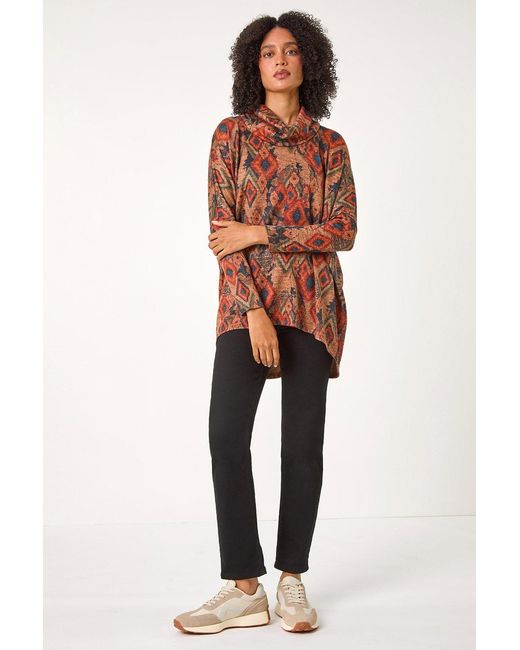 Roman Brown Aztec Print Cowl Neck Tunic Top