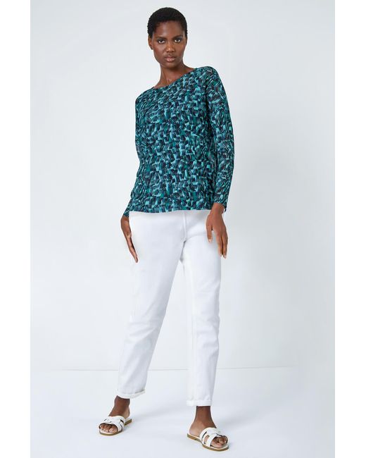 Roman Blue Abstract Print Mesh Chiffon Overlay Top