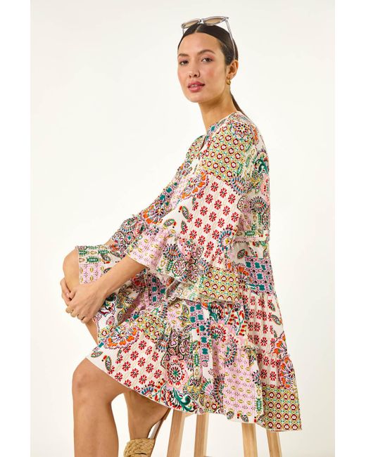 Roman Pink Patchwork Print Tie Waist Dress