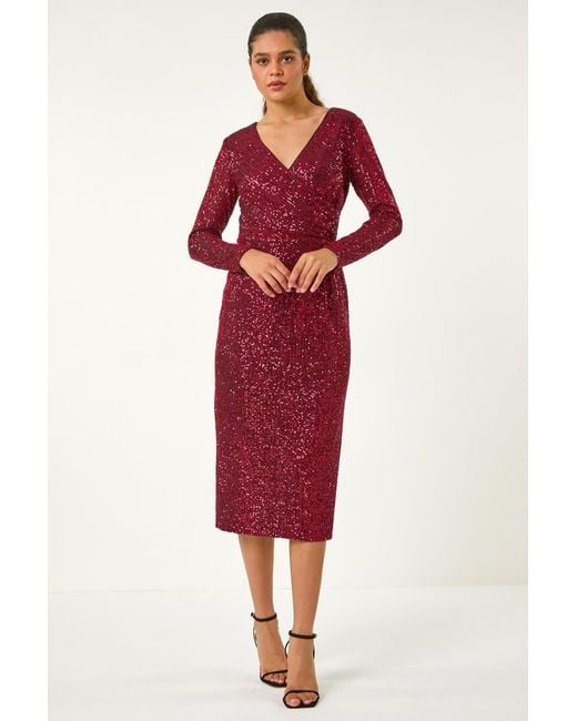 Roman Red Sequin Front Wrap Midi Stretch Dress