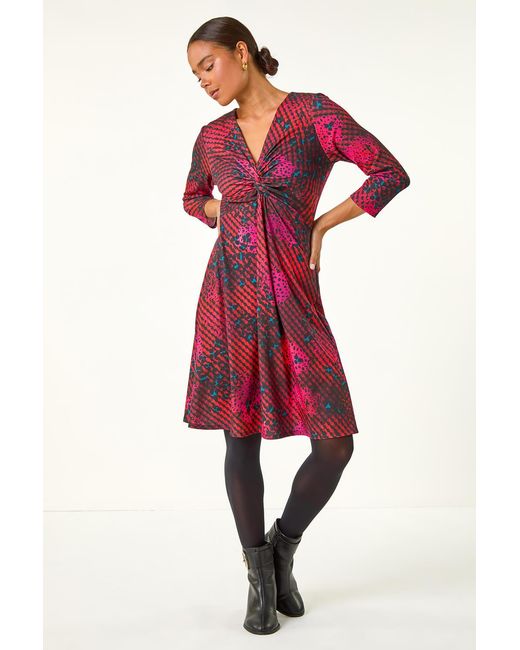 Roman Petite Red Abstract Twist Front Dress