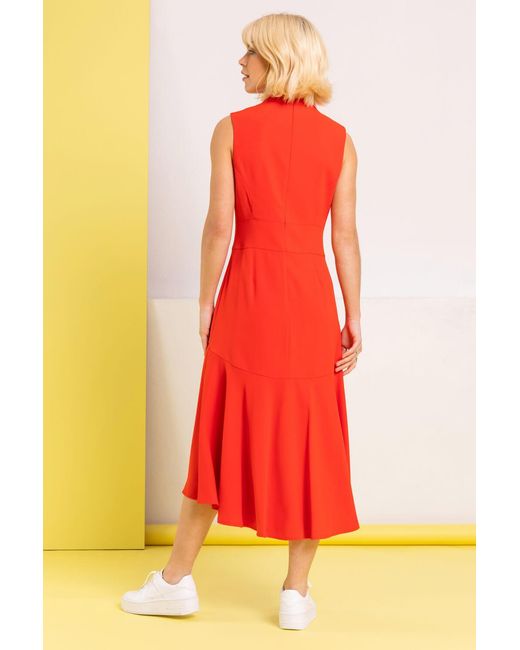 D.u.s.k Red High Neck Dipped Hem Midi Dress