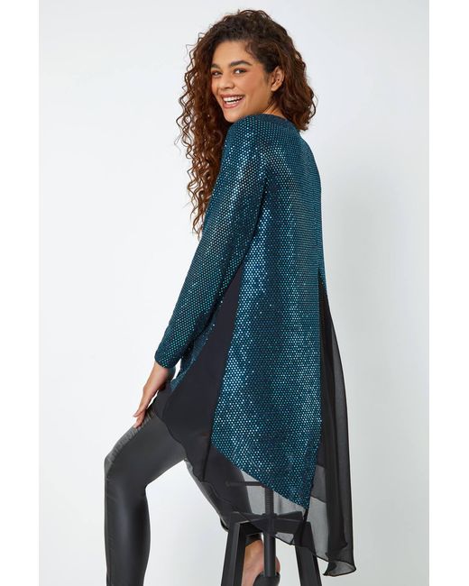 Roman Blue Chiffon Hem Sequin Stretch Tunic Top