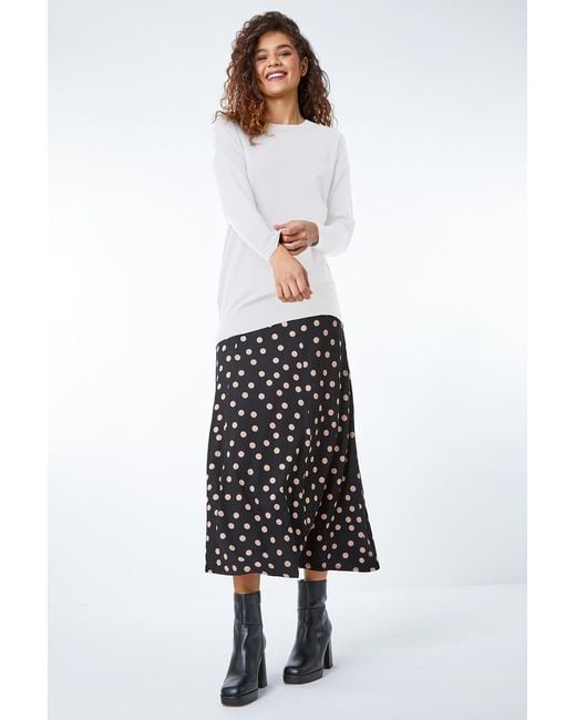 Roman Black Stretch Midi Polka Dot Skirt