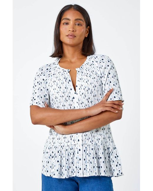 Roman White Ditsy Print V-Neck Crinkle Button Blouse