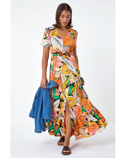 Roman Orange Tropical Print Frilled Hem Maxi Dress