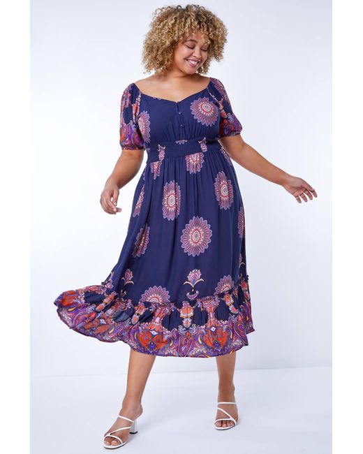 Roman Curve Blue Boho Print Sweetheart Midi Dress