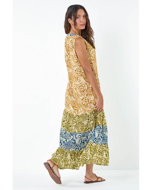 Roman Yellow Patchwork Print Tiered Maxi Dress