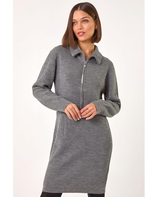 Roman Gray Knitted Zip Detail Dress