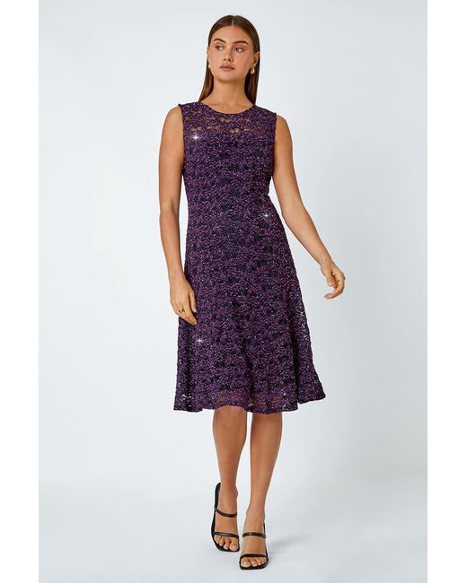 Roman Purple Sleeveless Glitter Lace Stretch Dress