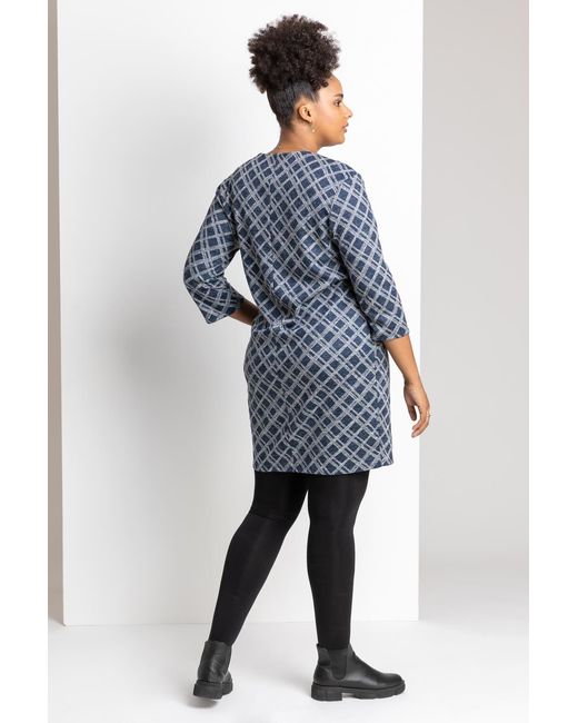 Roman Curve Blue Check Print Zip Shift Dress