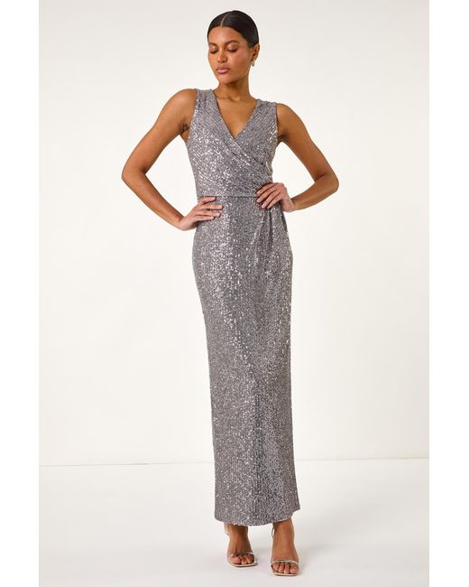 Roman Gray Sequin Side Twist Wrap Maxi Dress