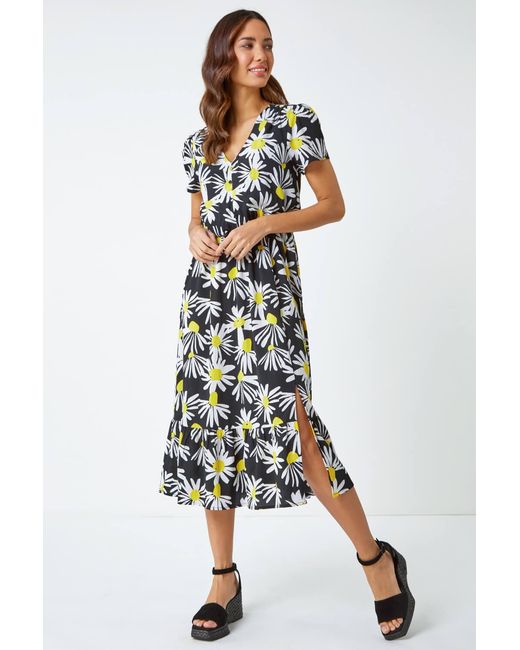 Roman White Daisy Print Blouson Midi Dress