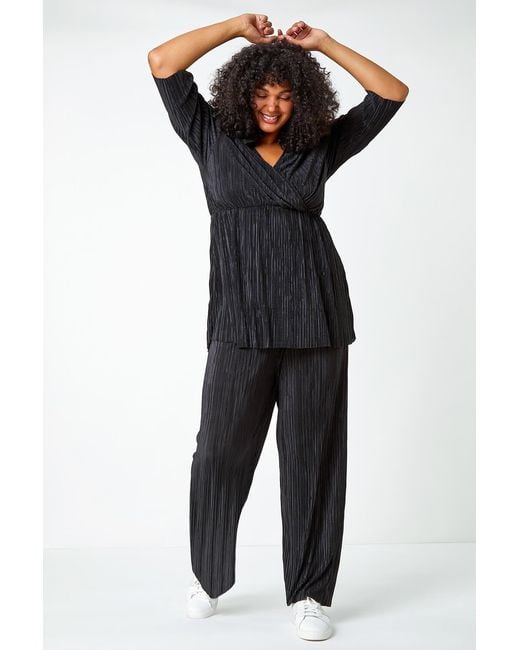 Roman Curve Black Plisse Elastic Waist Wide Leg Trousers