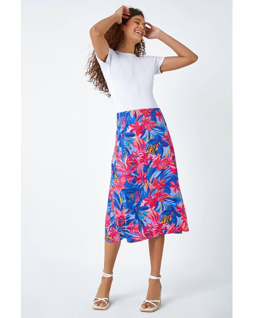 Roman White Tropical Floral Stretch Panel Skirt