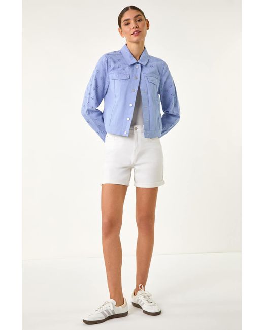 Roman Blue Cotton Blend Broderie Sleeve Jacket