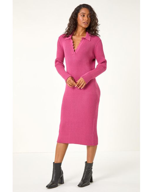 D.u.s.k Pink Scallop Detail Midi Knit Dress
