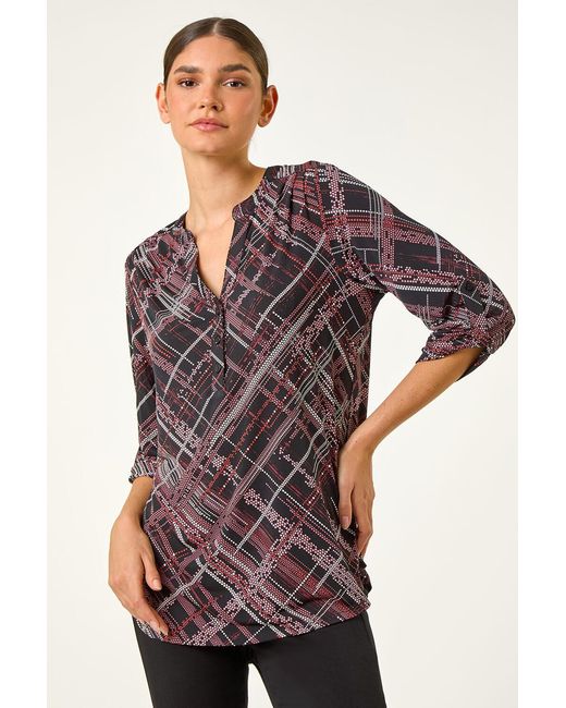 Roman Gray Textured Linear Print Stretch Top
