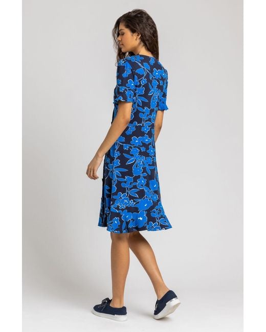 Roman Blue Floral Button Stretch Wrap Tea Dress