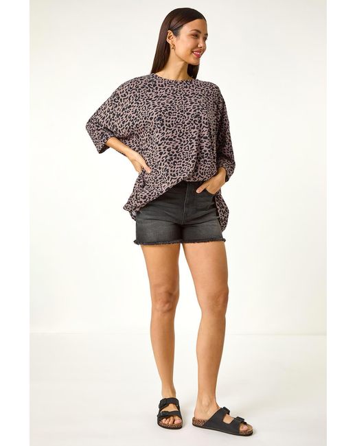 Roman Brown Animal Print Batwing Stretch Top