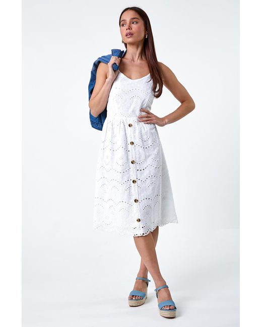 Roman Petite White Cotton Broderie Button Dress