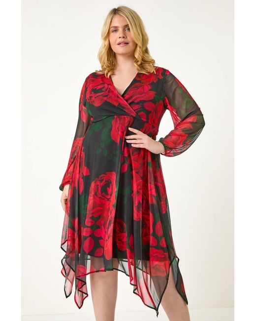 Roman Curve Red Floral Print Wrap Stretch Midi Dress