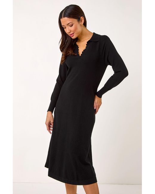 Roman Black Scallop Detail Knitted Midi Dress