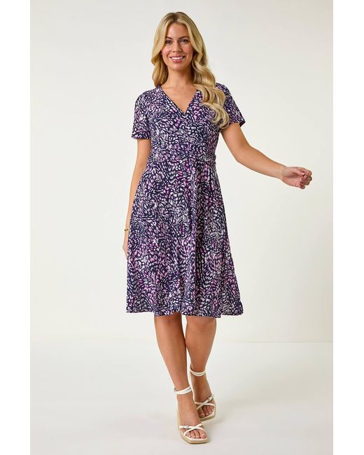 Roman Petite Purple Abstract Gathered Dress
