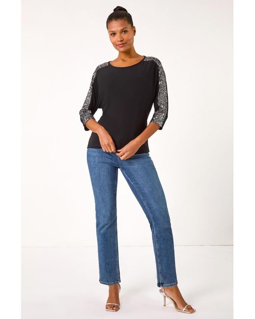 Roman Black Sequin Sleeve Panel Stretch Top