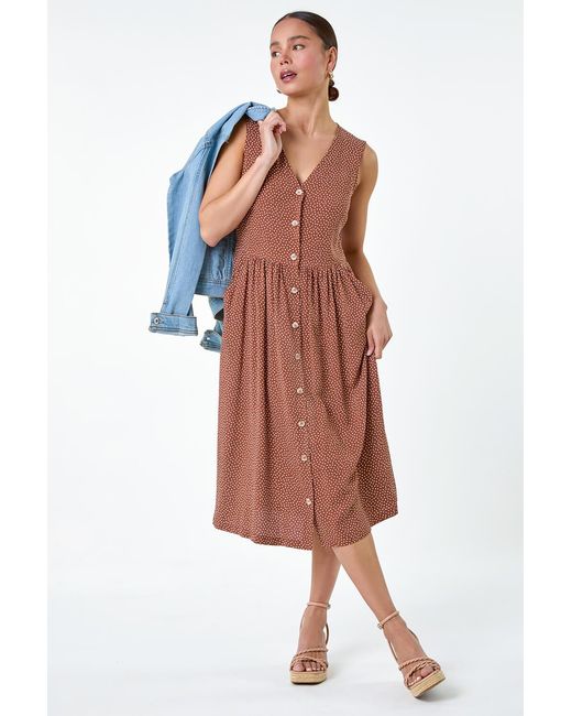 Roman Petite Multicolor Ditsy Spot Pocket Button Midi Dress