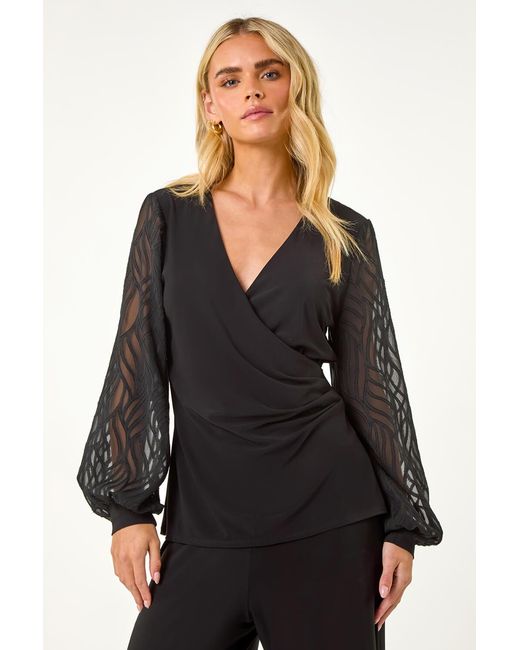 Roman Petite Black Jacquard Contrast V-Neck Wrap Top