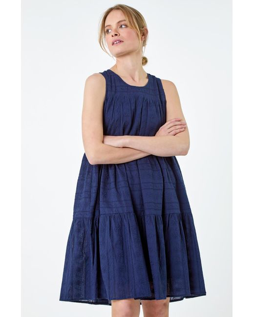 Roman Blue Embroidered Cotton Pocket Smock Dress