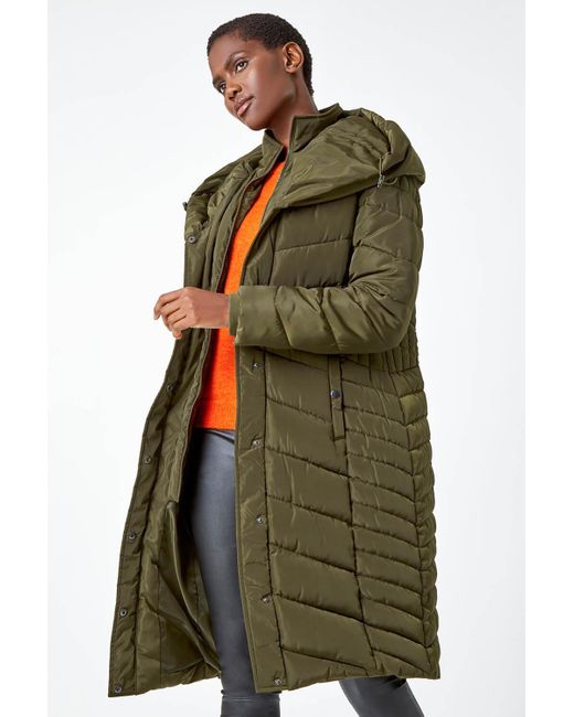 Roman Green Hooded Quilted Longline Coat