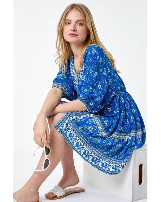 Roman Blue Paisley Floral Border Print Dress