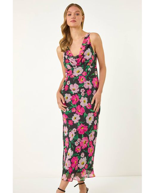 Roman White Floral Print Cowl Neck Midi Dress