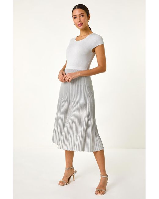 Roman White Shimmer Knit Pleated Dress