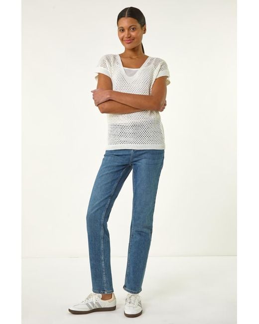 Roman White Double Layer Open Knit Top