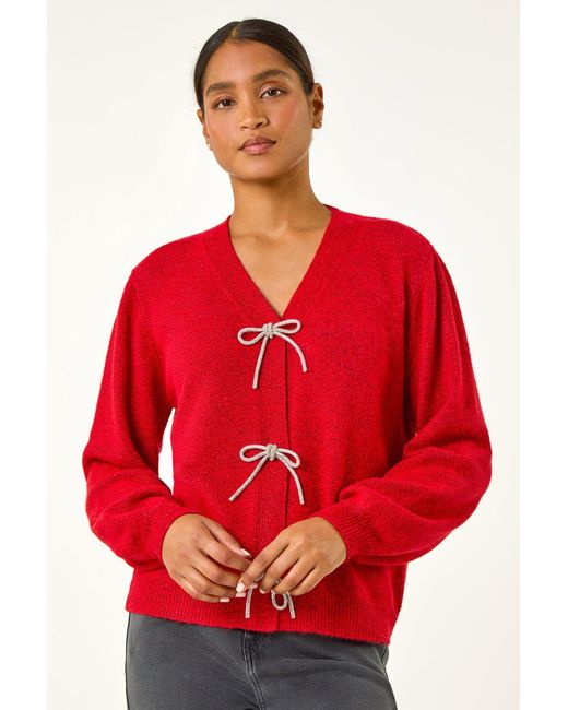 Roman Red Bow Embellished Knit Cardigan