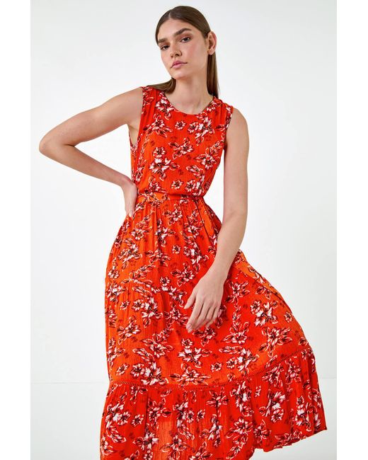 Roman Red Sleeveless Floral Print Midi Dress