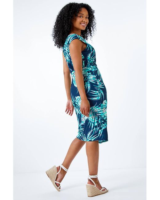 Roman Petite Blue Tropical Twist Waist Ruched Dress
