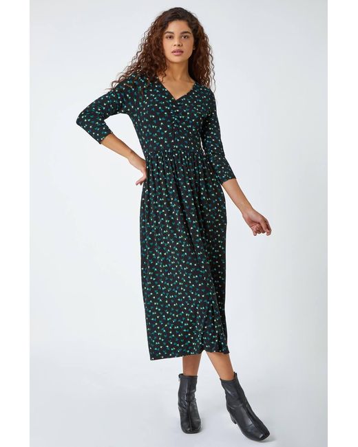 Roman Blue Ditsy Print Pocket Midi Stretch Dress