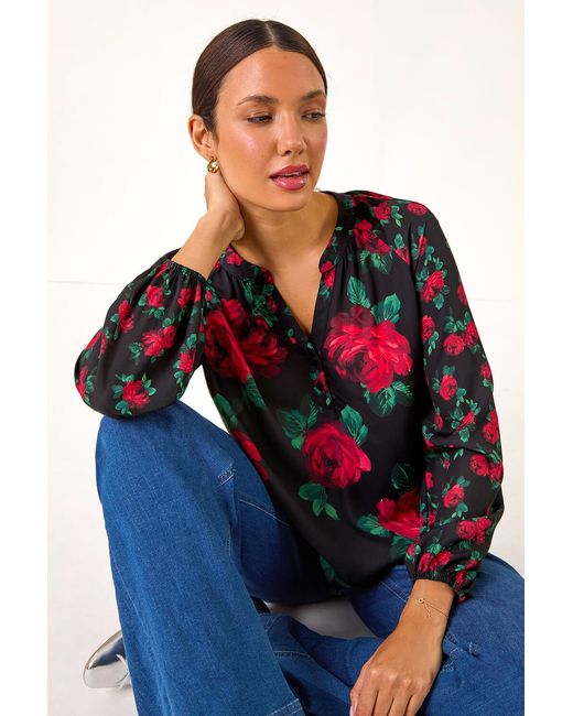 Roman Red Floral Print Notch Neck Top