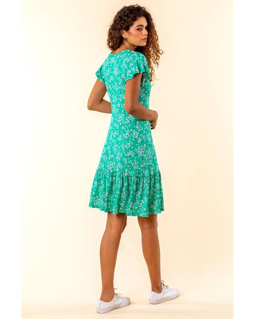 Roman Green Floral Print Wrap Tea Dress