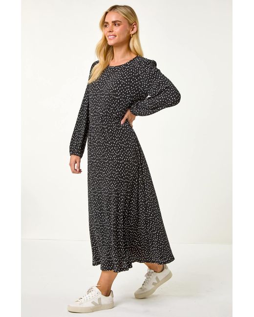 Roman Petite Black Plisse Spot Midi Dress