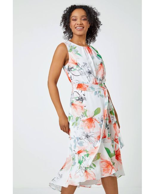 Roman Petite White Floral Sleeveless Chiffon Frill Dress
