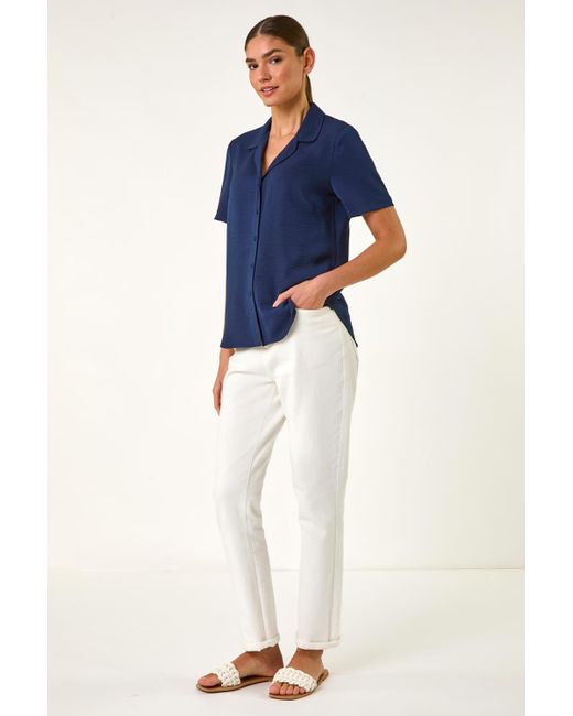 Roman Blue Collared Short Sleeve Blouse