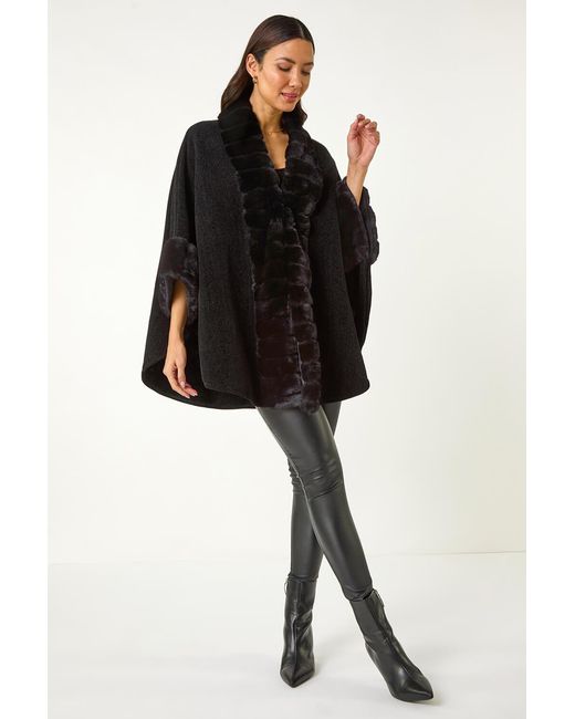 Roman Black Faux Fur Trim Knitted Poncho