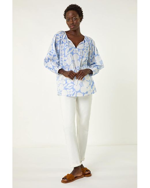 Roman Blue Floral Print Tie Neck Tunic Top