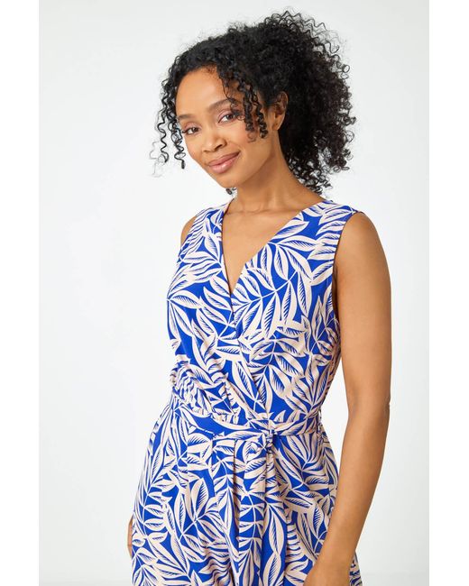 Roman Petite Blue Leaf Print Wrap Jumpsuit