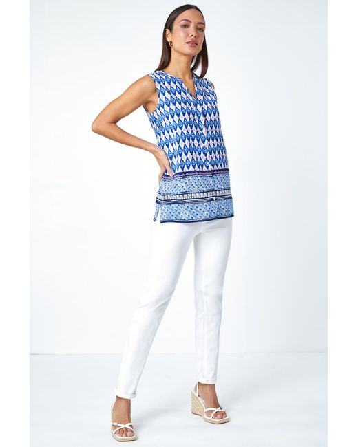 Roman Blue Longline Border Print V-Neck Blouse